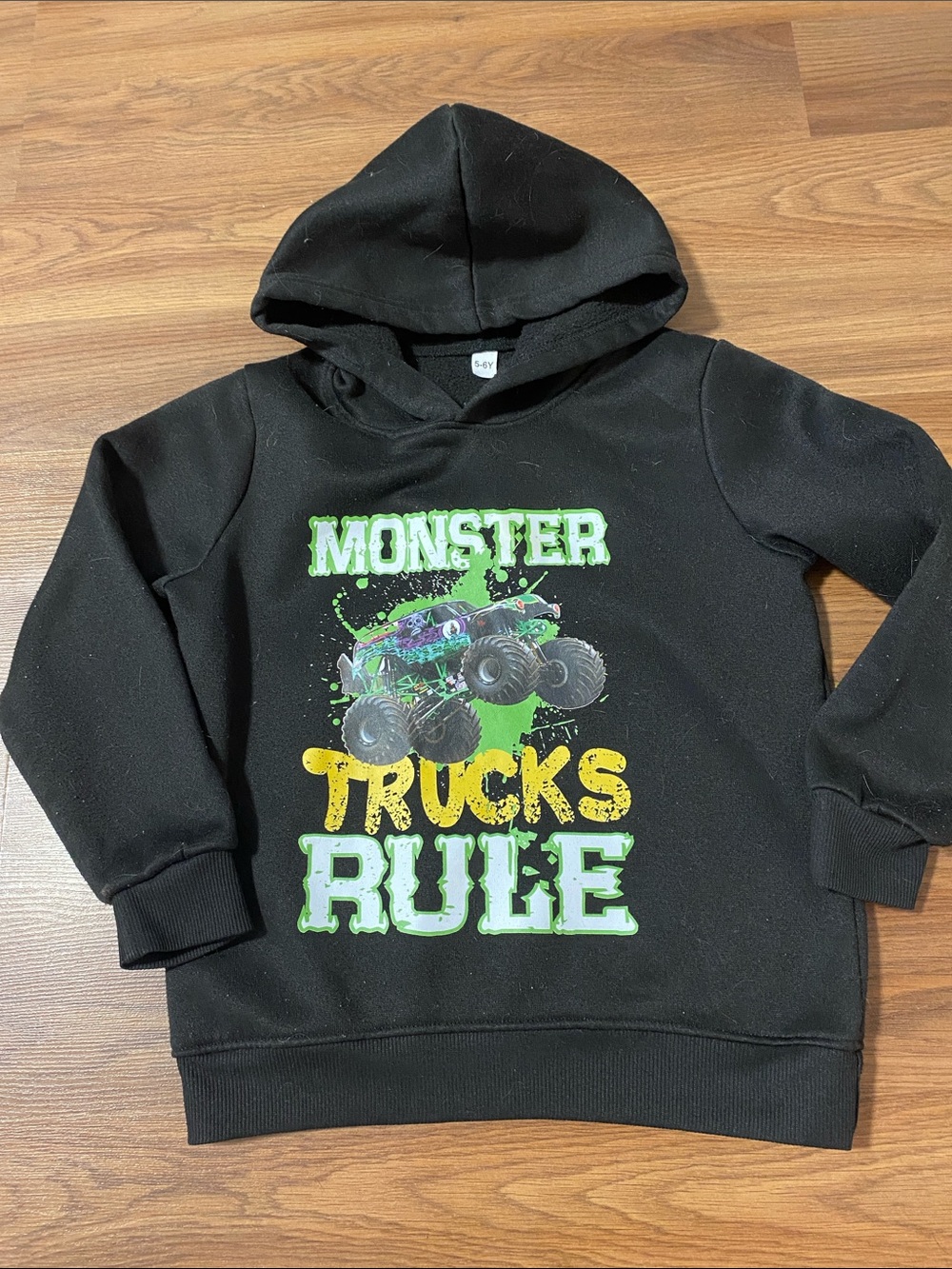 ✨8/$10. Kids Black Monster Trucks Hoodie - 'Monster Trucks Rule'. Size 5/6